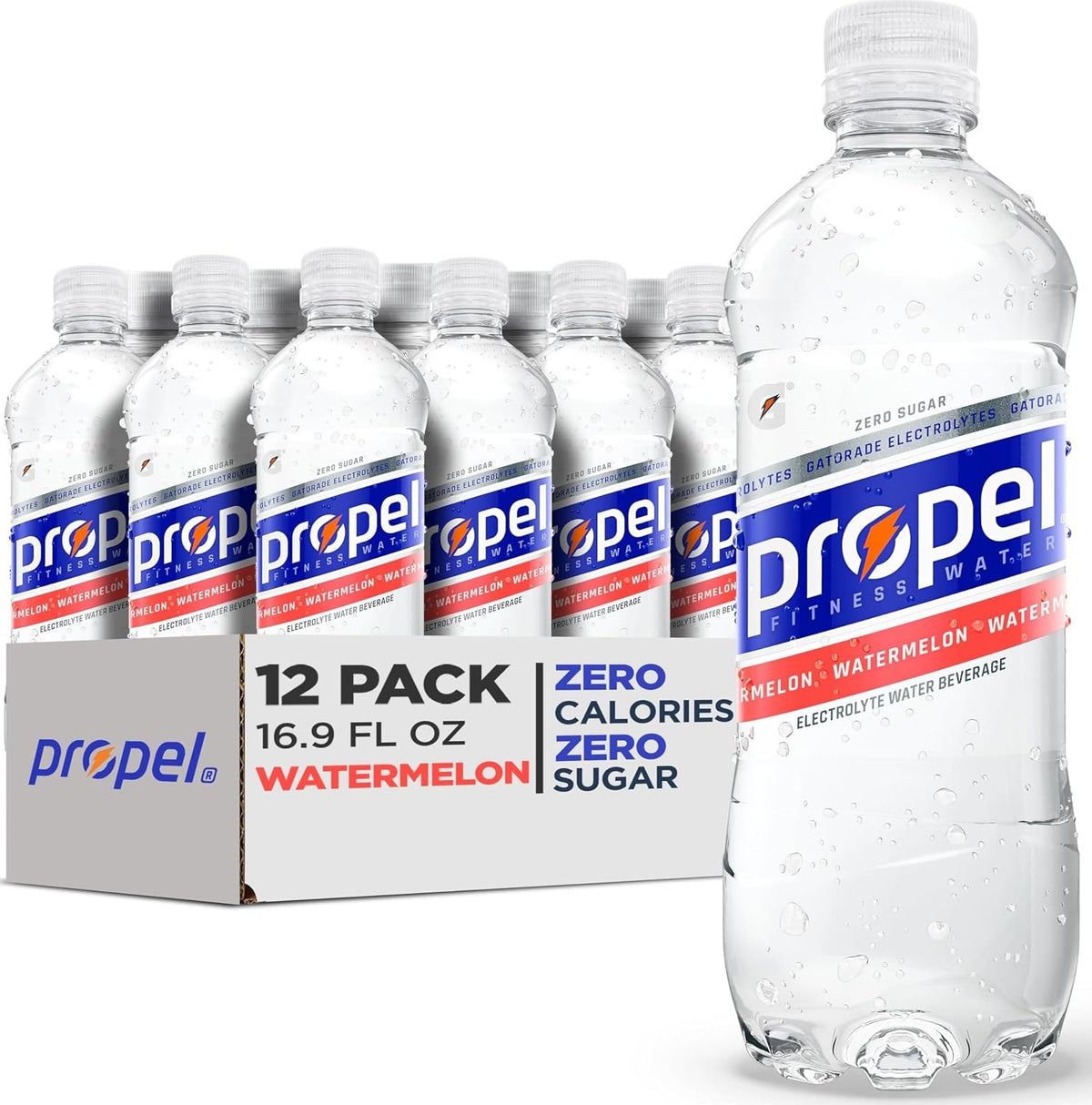 Propel Electrolyte Enhanced Water Sports Drink, Watermelon Flavored Water, Zero Calorie & Zero Sugar Hydration with Electrolytes and Vitamins C & E, 16.9 fl oz Water Bottles (12 Pack)