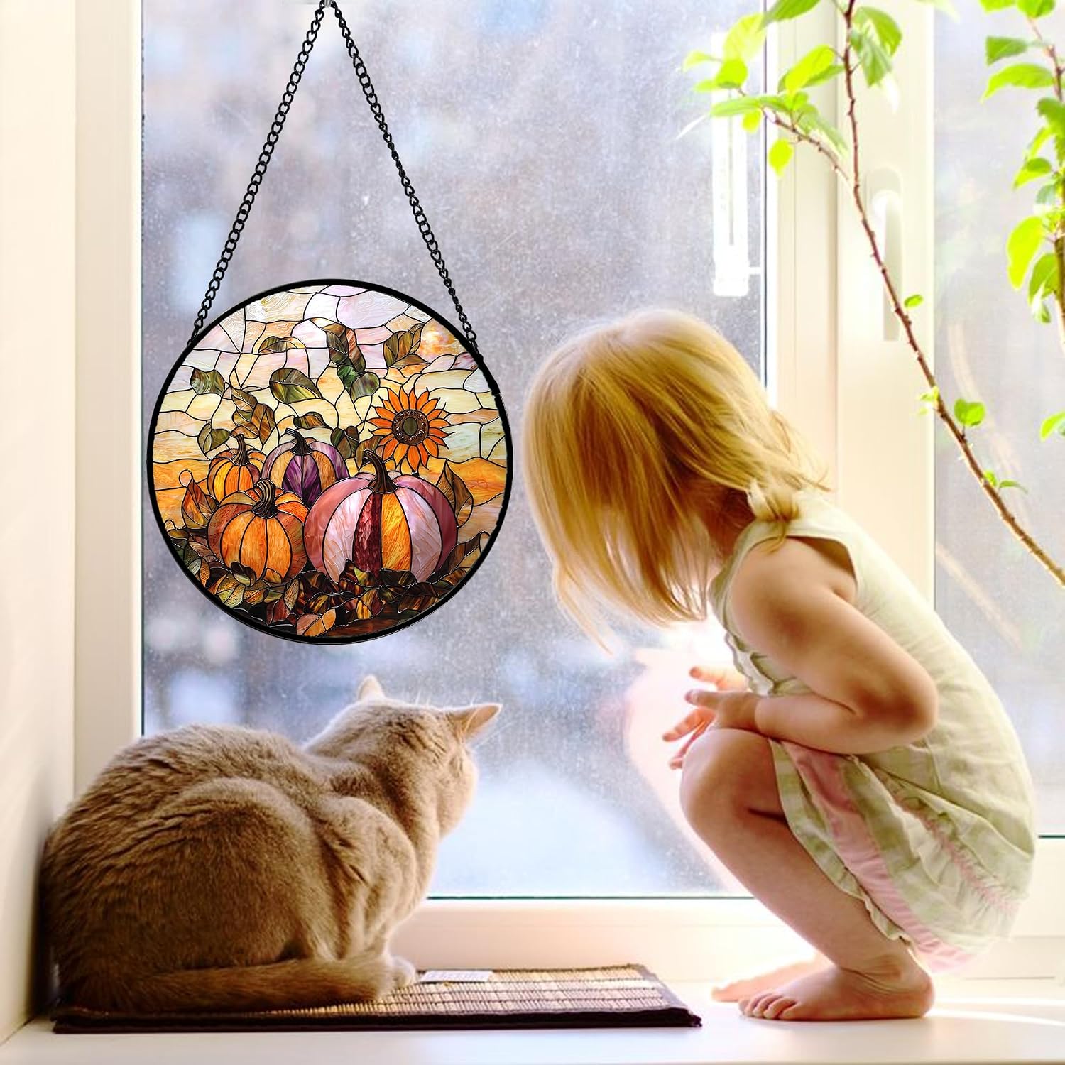 Fall Sunflowers Pumpkins Stained Glass Window Hanging Suncatcher Gifts 6.3"