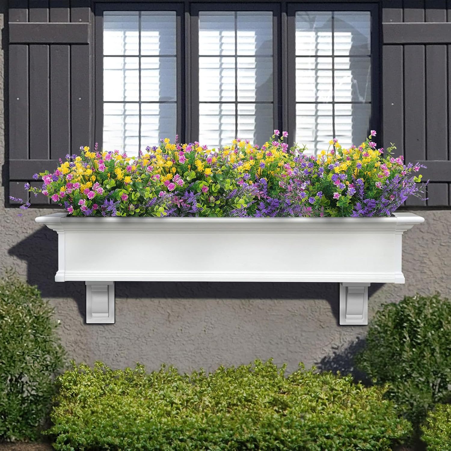 Hananona 24 Pcs Artificial Flowers Outdoor, Faux Artificial Plants UV Resistant Plastic Flower Bulk for Hanging Planter Porch Window Home Wedding Summer Decor (24, Fuchsia, Purple, Yellow, Green)