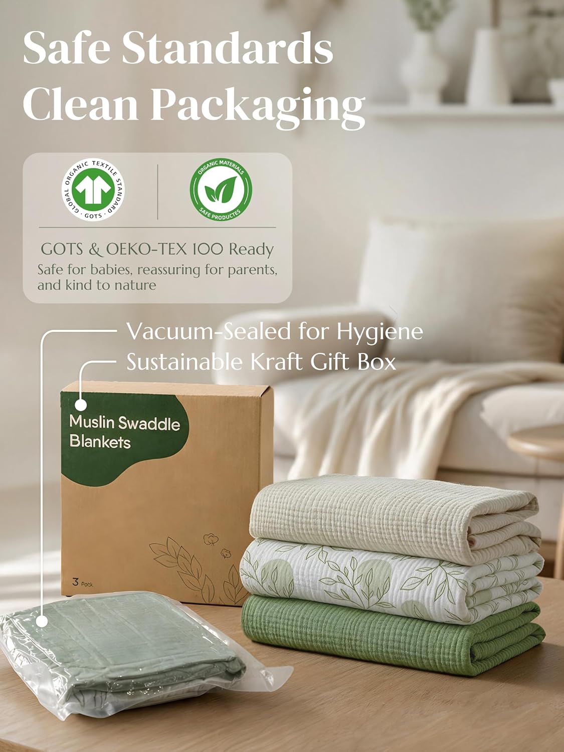 Muslin Swaddle Blankets for Newborns, 100% Cotton, 3-Pack, 40 x 40 Inches