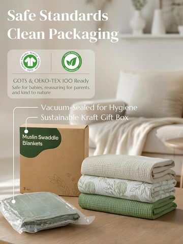 Muslin Swaddle Blankets for Newborns, 100% Cotton, 3-Pack, 40 x 40 Inches