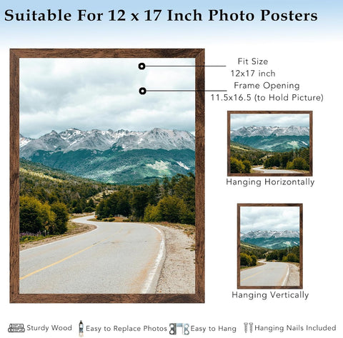 12x17 Picture Frame Deep Brown for Wall Hanging, Wood 12 x 17 Frame Photo Frame for Wall Horizontally or Vertically, Deep Brown, 1 Pack