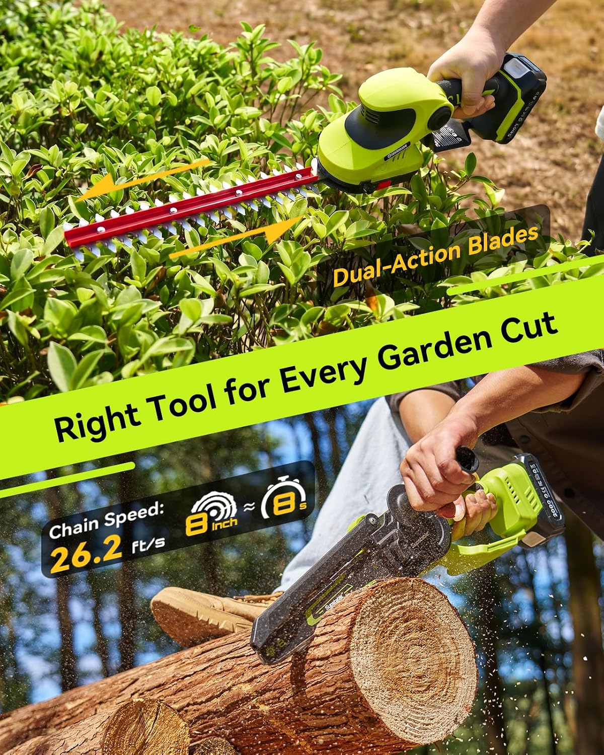 Supstable 3-in-1 Cordless Mini Chainsaw & Hedge Trimmer Combo, 8 Inch Mini Chainsaw with Grass Shear, 800W Brushless Motor, 2×4000mAh Batteries, Garden Tool Set for Tree Trimming & Lawn Care