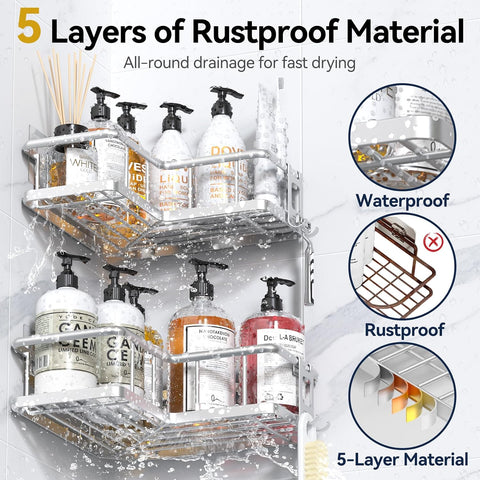 YASONIC Corner Shower Caddy Adhesive, 100% Rustproof Shower Organizer with Soap and Troothbrush Holder, No Drill Shower Shelf for Inside Shower, Wall-Mounted Shower Storage for Homes (5 Pack, Silver)