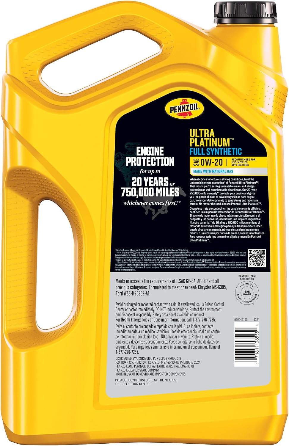 Pennzoil Ultra Platinum Full Synthetic 0W-20 Motor Oil, 5 Quart (3 Pack)