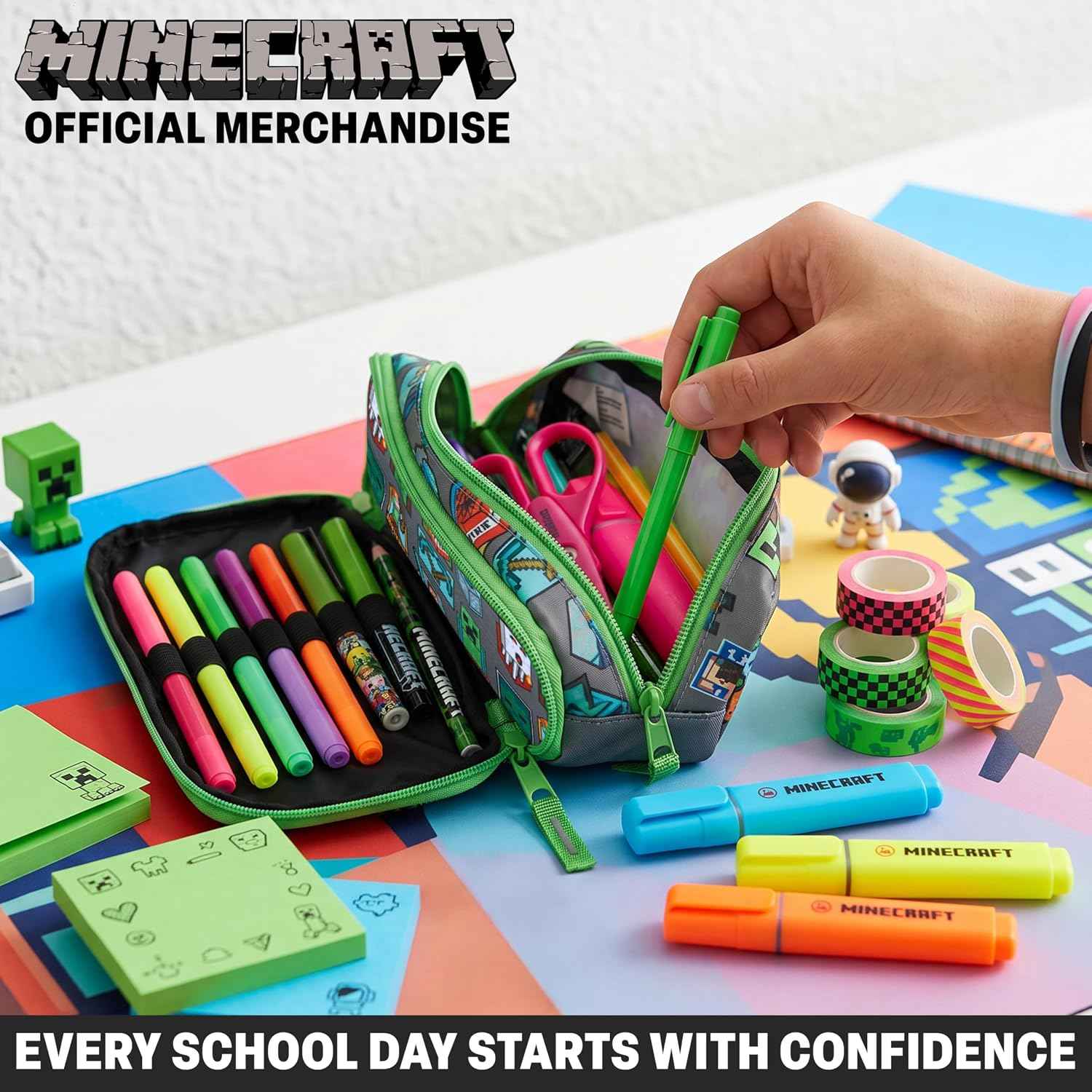 Get Trend Minecraft Pencil Case for Boys, Pencil Pouch with 2 Zipped Compartments, Back-to-School Marker & Pen Case, Organizer for School Supplies, Stationery, Gamer Gifts (Green/Multi Minecraft)
