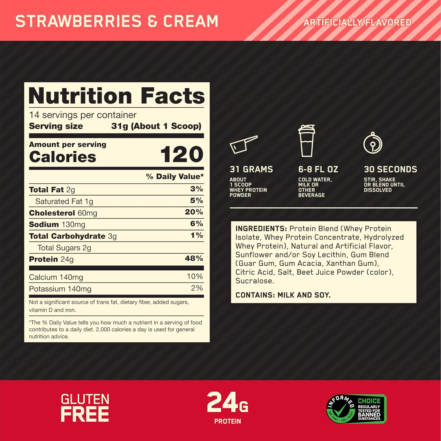 Optimum Nutrition Gold Standard Whey Protein, Strawberries & Cream, 1 LB