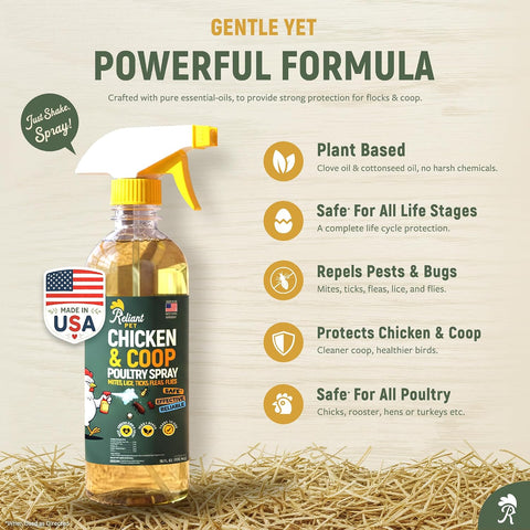 Reliant Pet Chicken and Coop Poultry Spray for Mite's Lice Ticks Fleas and Flies - Dust Mite Spray 16oz - Chicken Coop Fly Spray - Made in USA - Chicken Coop Accessories