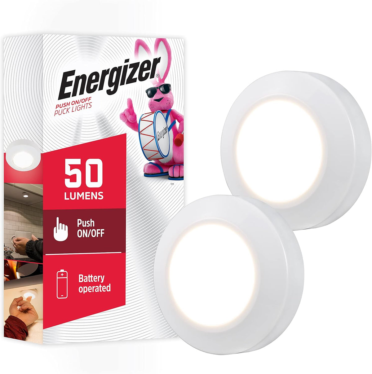 Energizer Battery Powered Puck Lights, Tap On/Off, 50 Lumens 2 Pack