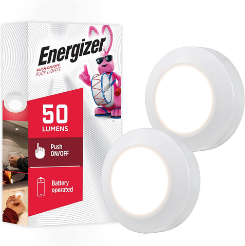Energizer Battery Powered Puck Lights, Tap On/Off, 50 Lumens 2 Pack