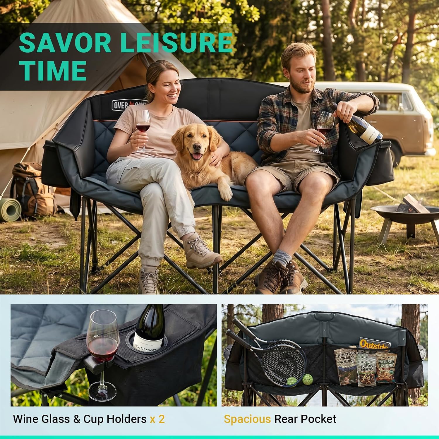 Overmont Oversized Double Camping Chair - Portable Folding with Cooler Bag