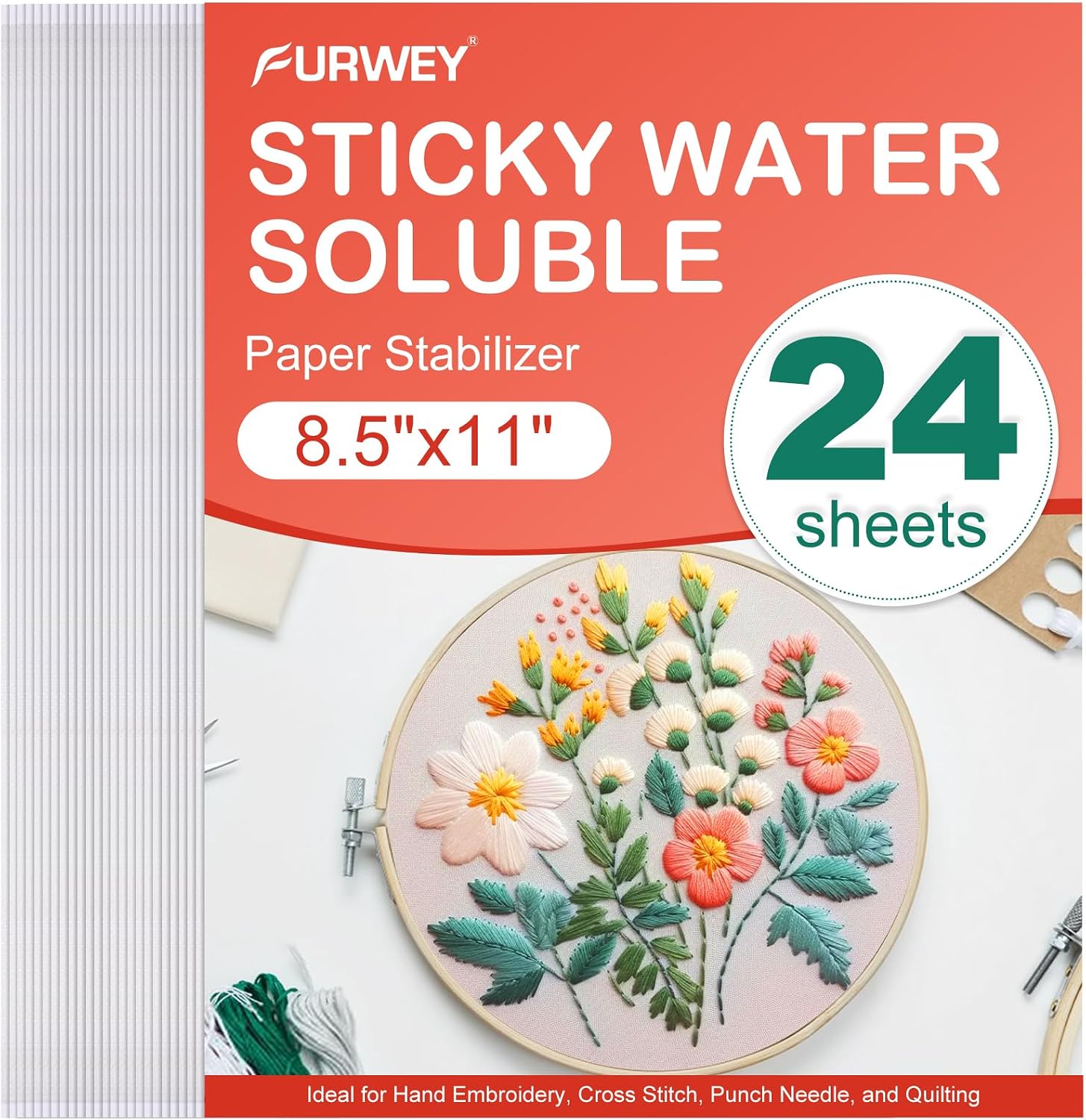 FURWEY Water Soluble Stabilizer for Embroidery,24PCS 8.5x11,Self Adhesive