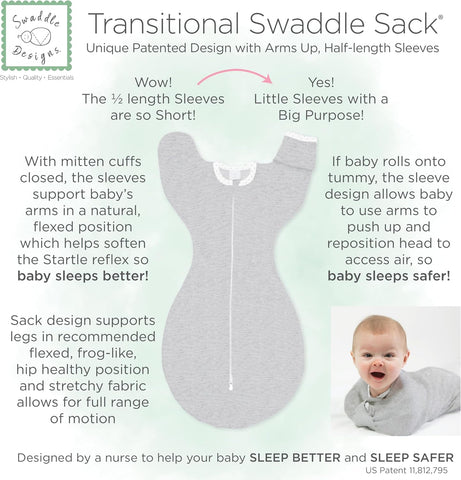 SwaddleDesigns Transitional Swaddle Sack, Arms Up Half-Length Sleeve & Mitten, Most Gradual Transition Swaddle for Newborn