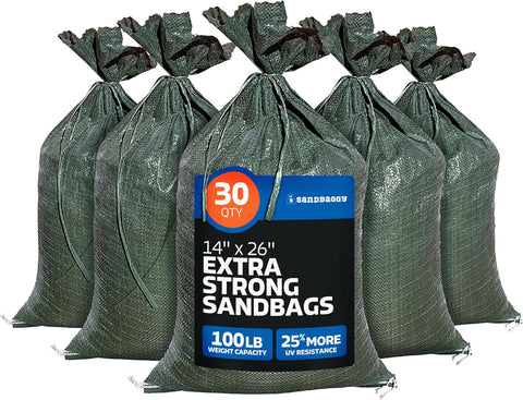 Sandbaggy - Heavy Duty Empty Sandbags For Flooding (14" X 26") - Poly Sand Bags For Flood Barrier, Weight, Construction, Earth Bag Homes - Reusable, UV Resistant - Tie Strings Attached (30 Bags)