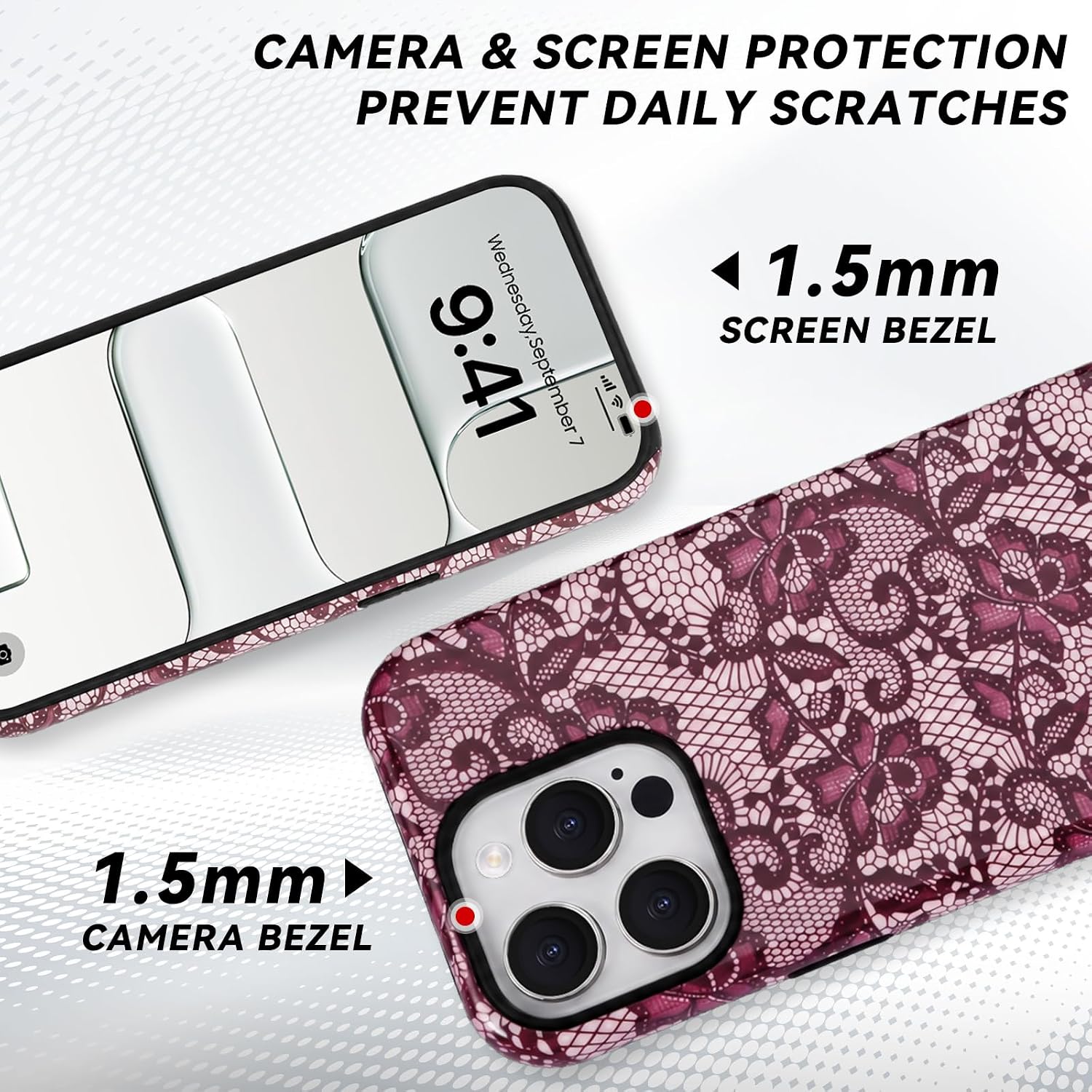 for iPhone 15 Pro Case - Wireless Charging for MagSafe, Dual-Layer Design (Hard PC Shell, Soft TPU Lining), Shockproof Protective Case for Women - Red & Gold Lace Print
