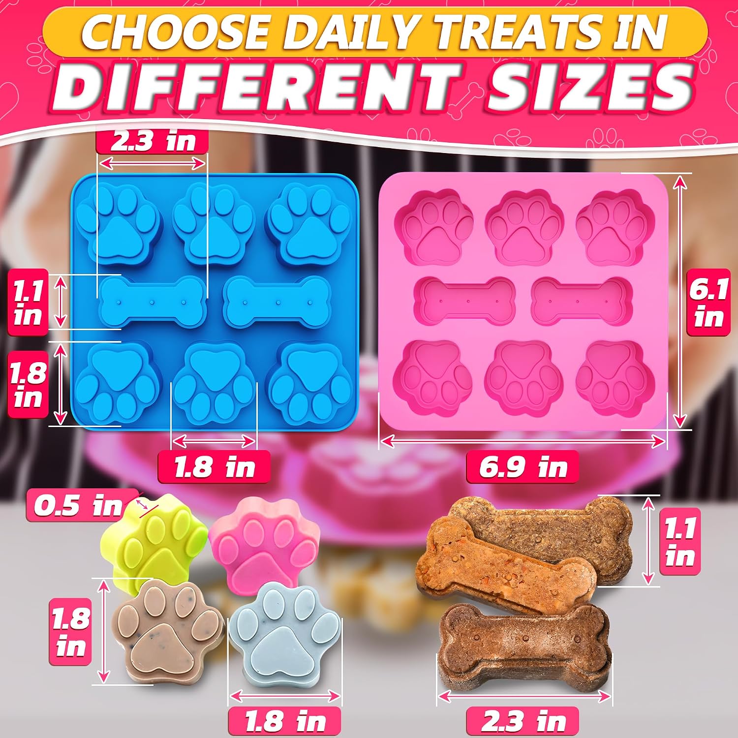 2 Pcs Frozen Dog Treat Molds Silicone, Bone & Paw Print, Non-Stick