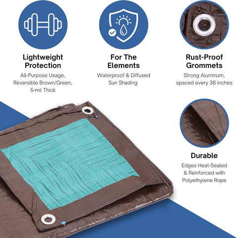Kotap 12 x 16 Ft. All-Purpose Multi-Use Protection/Coverage 5-mil Poly Tarp, Reversible, Waterproof, Brown/Green, (TBG-1216)
