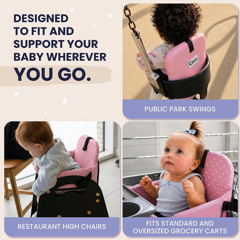 High Chair Insert & Shopping Cart Seat for Baby, Padded Seat Insert with Safety Buckle for Restaurant High Chairs, Grocery Carts, Foldable Portable, 4+ Months, Pink Dots
