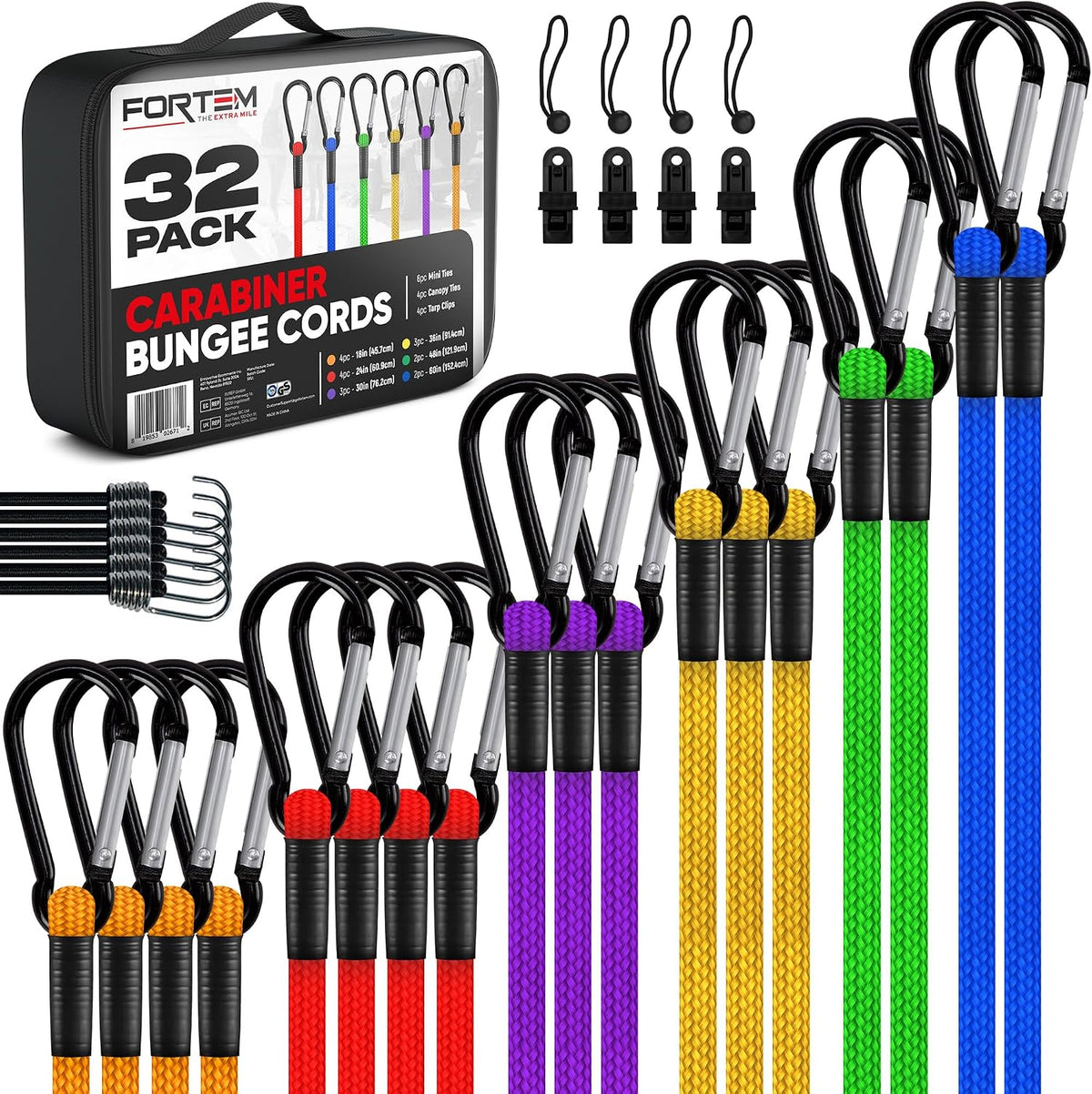 FORTEM Bungee Cords with Carabiner, 32pk 18" 24" 30" 36" 60" Tarp Ball Ties