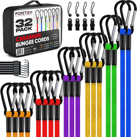 FORTEM Bungee Cords with Carabiner, 32pk 18" 24" 30" 36" 60" Tarp Ball Ties