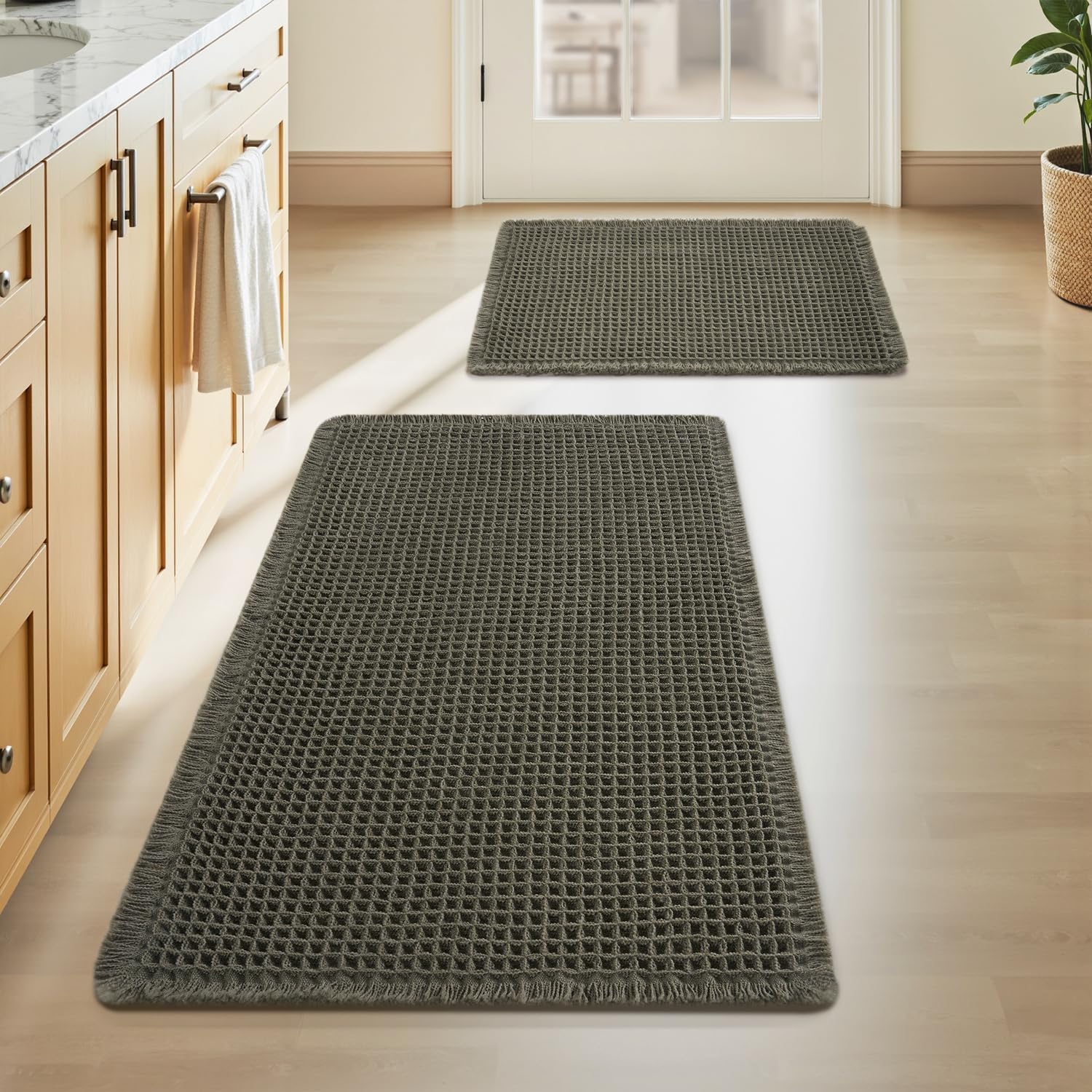 Upgraded Waffle Bath Mat Set of 2 Absorbent Bathroom Mat 17"x24" + 20"x32"