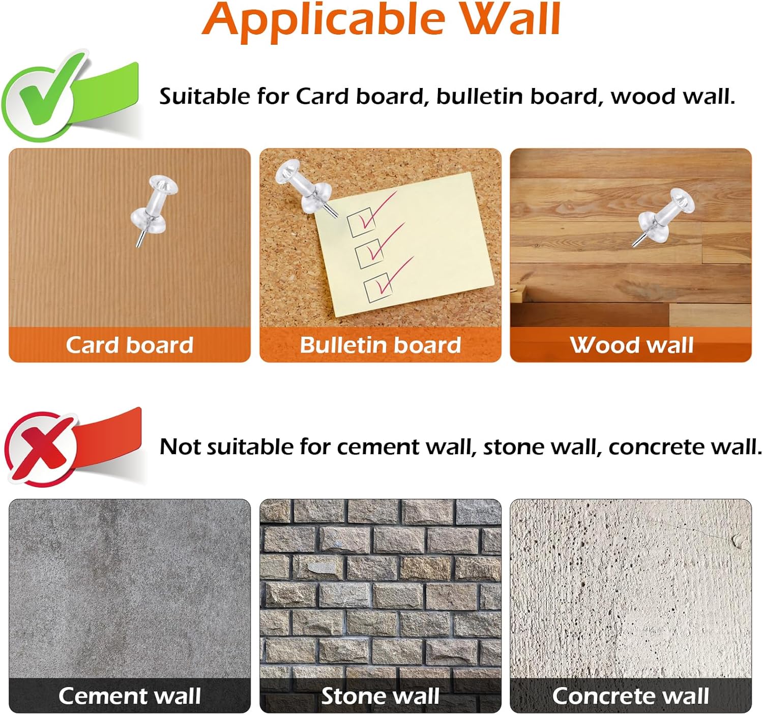 200 Pcs Push Pins Tacks, Thumb Tacks for Wall, Clear Plastic Head, Steel Point, Decorative Push Pins, Standard Thumb Tacks for Bulletin Board, Corkboard, Map, Calendar, Photo, Home, Office