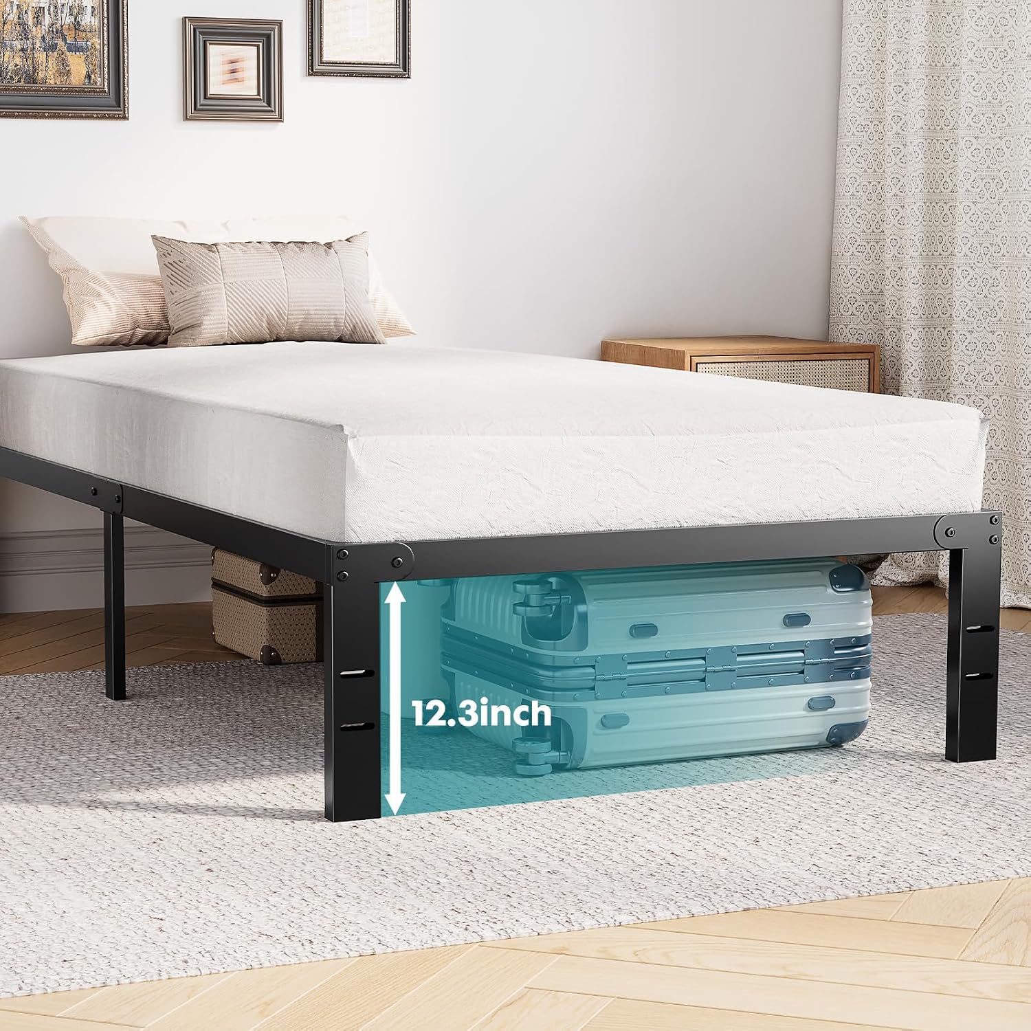 OLIXIS Twin Metal Platform Bed Frame - 14in High Heavy Duty Mattress Foundation with Storage Space, No Box Spring Needed, Sturdy Steel Slat Support, Easy Assembly, Black