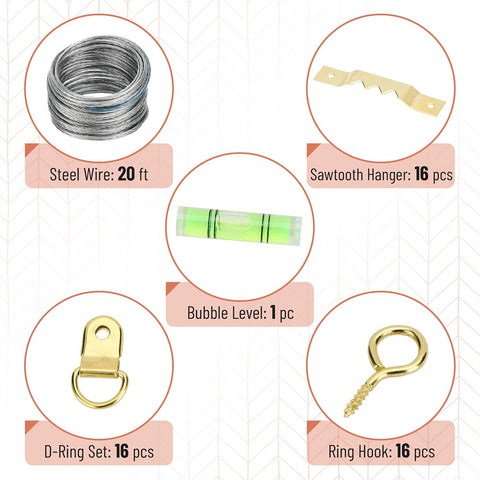 Mr. Pen- Picture Hanging Kit, 310 pcs, Gold, Assorted Hooks | Includes Nails, Sawtooth Hangers, D-Rings, Steel Wire, Ring Hooks, Home Wall Mount Hardware for Frames, Canvas, Décor