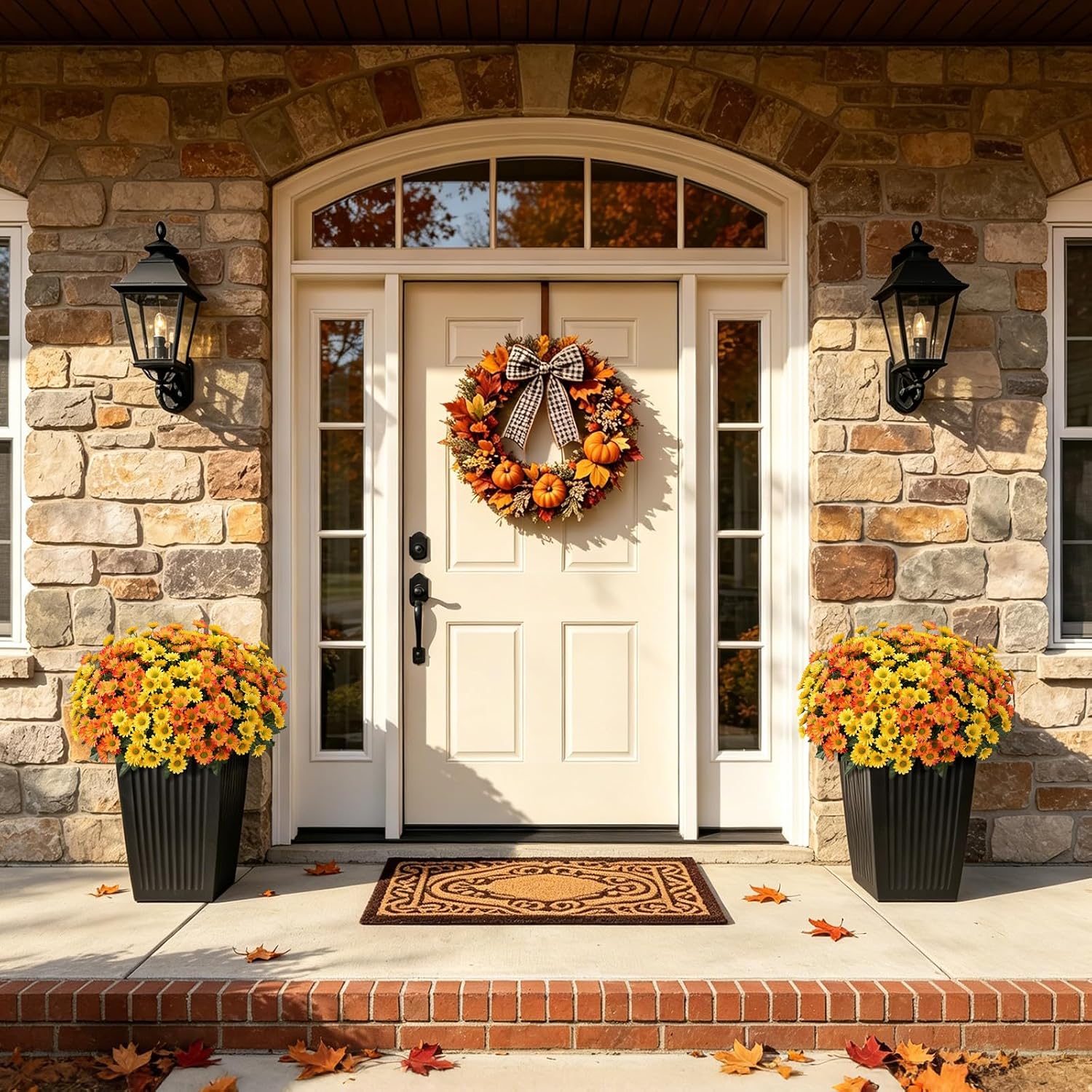 Ammyoo Artificial Mums Fake Fall Flowers for Outdoors Planter Porch Decor