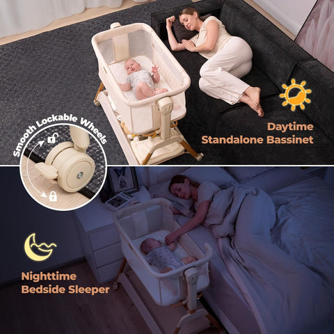 Ezebaby Baby Bassinet Bedside Sleeper: 3-in-1 Rocking Bassinet for Baby - Breathable Full-Mesh Crib with Mattress | 6 Height Adjustable | Portable Crib with Lockable Wheels for Newborns