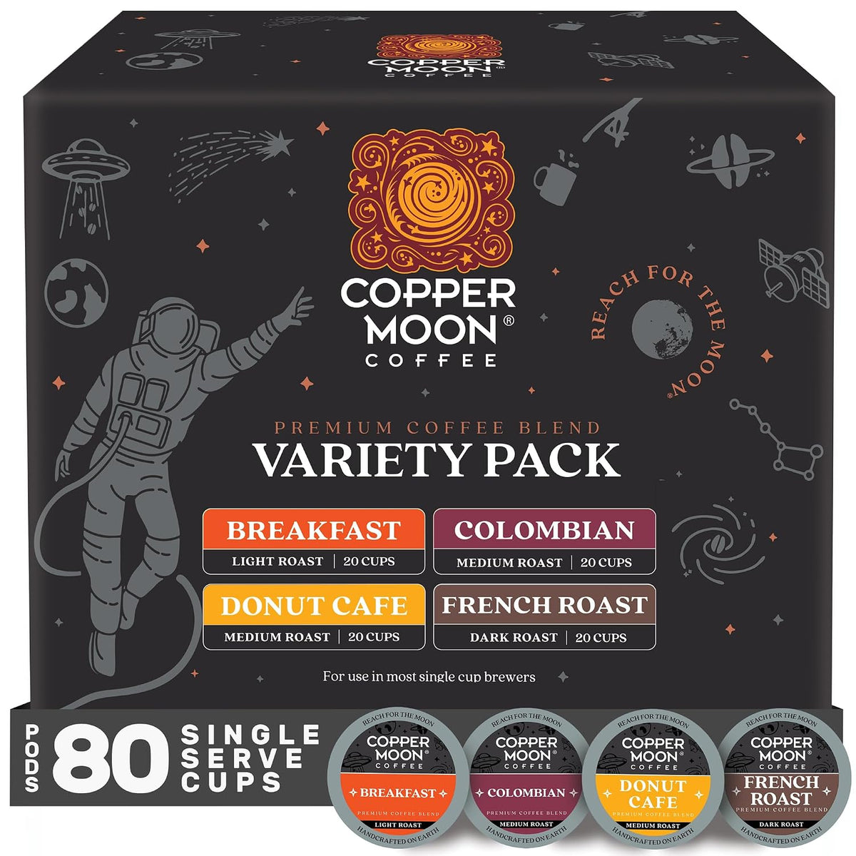 Copper Moon K-Cup Coffee Pods, Light Medium & Dark Variety Pack, 80 Count | Variety Pack Includes 20 Breakfast, 20 Colombian, 20 Donut Café, 20 French Roast, Compatible with Keurig K Cup Brewers