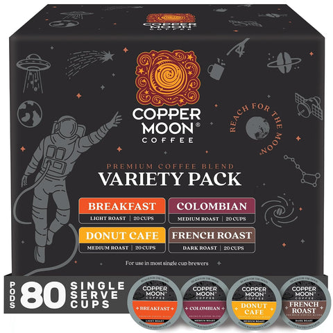 Copper Moon K-Cup Coffee Pods, Light Medium & Dark Variety Pack, 80 Count | Variety Pack Includes 20 Breakfast, 20 Colombian, 20 Donut Café, 20 French Roast, Compatible with Keurig K Cup Brewers