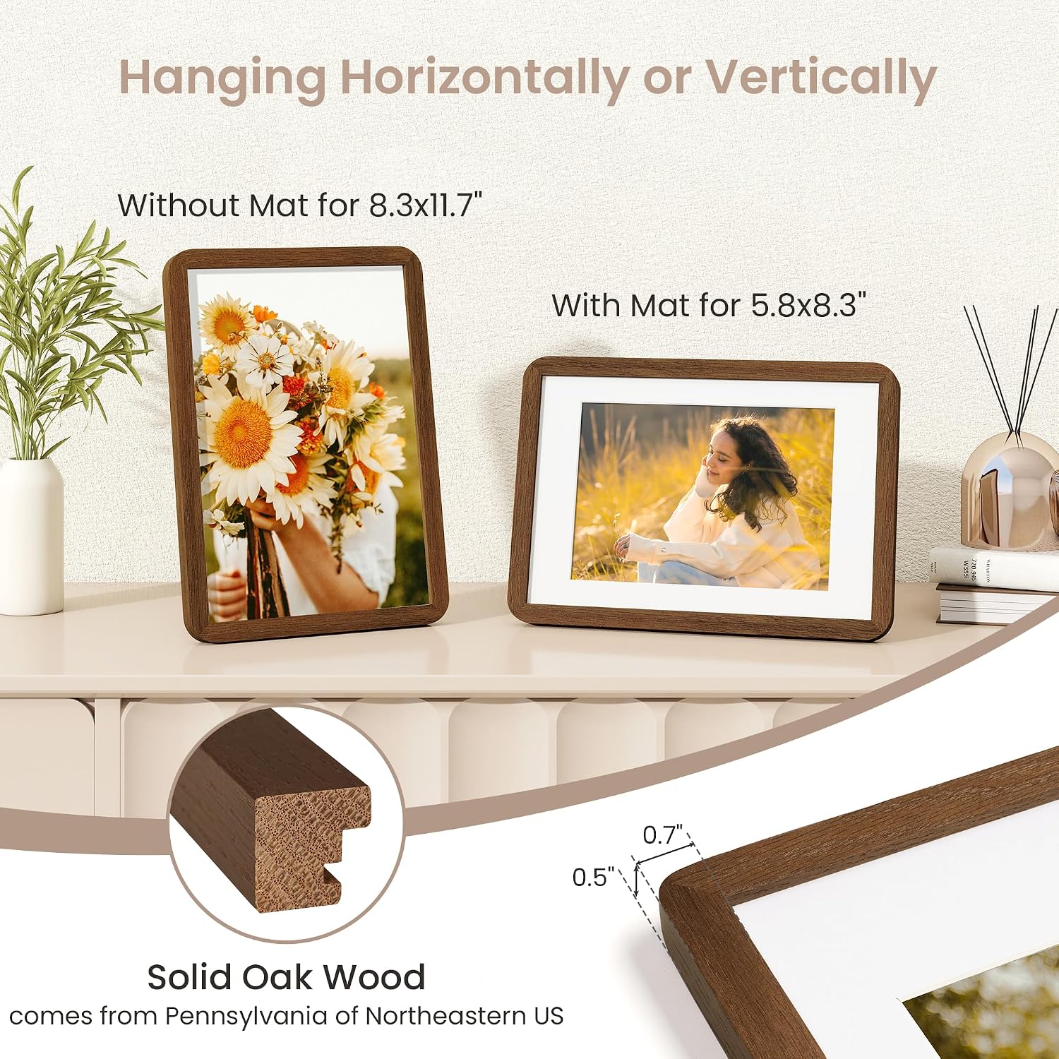 FLYJOE A4 Solid Oak Wood Photo Frame | A4 Picture Frame With Mat For A5 | Plexiglass And Hanging Hardware Included | Walnut, 1 Pack