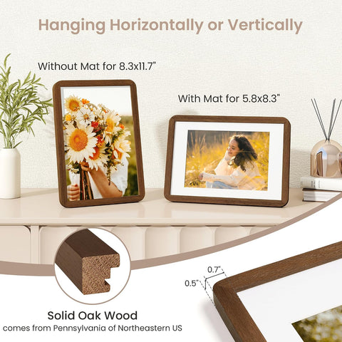 FLYJOE A4 Solid Oak Wood Photo Frame | A4 Picture Frame With Mat For A5 | Plexiglass And Hanging Hardware Included | Walnut, 1 Pack
