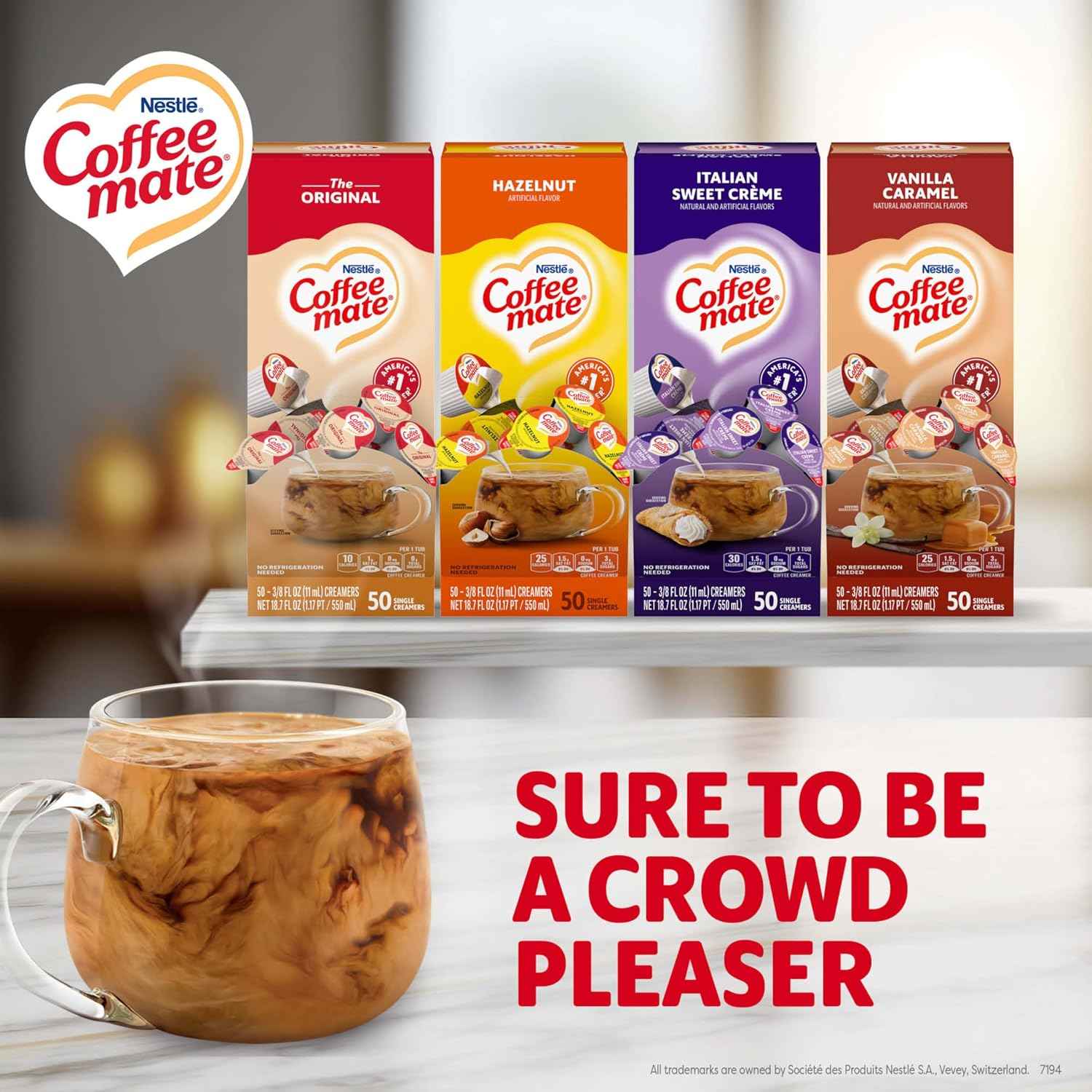 Nestle Coffee mate Non-Dairy Creamer Singles Variety Pack 0.375oz, 200-Pack | Liquid creamer, no refrigeration needed, creamer tubs, Original, Hazelnut, Italian Sweet Creme and Vanilla Caramel flavors