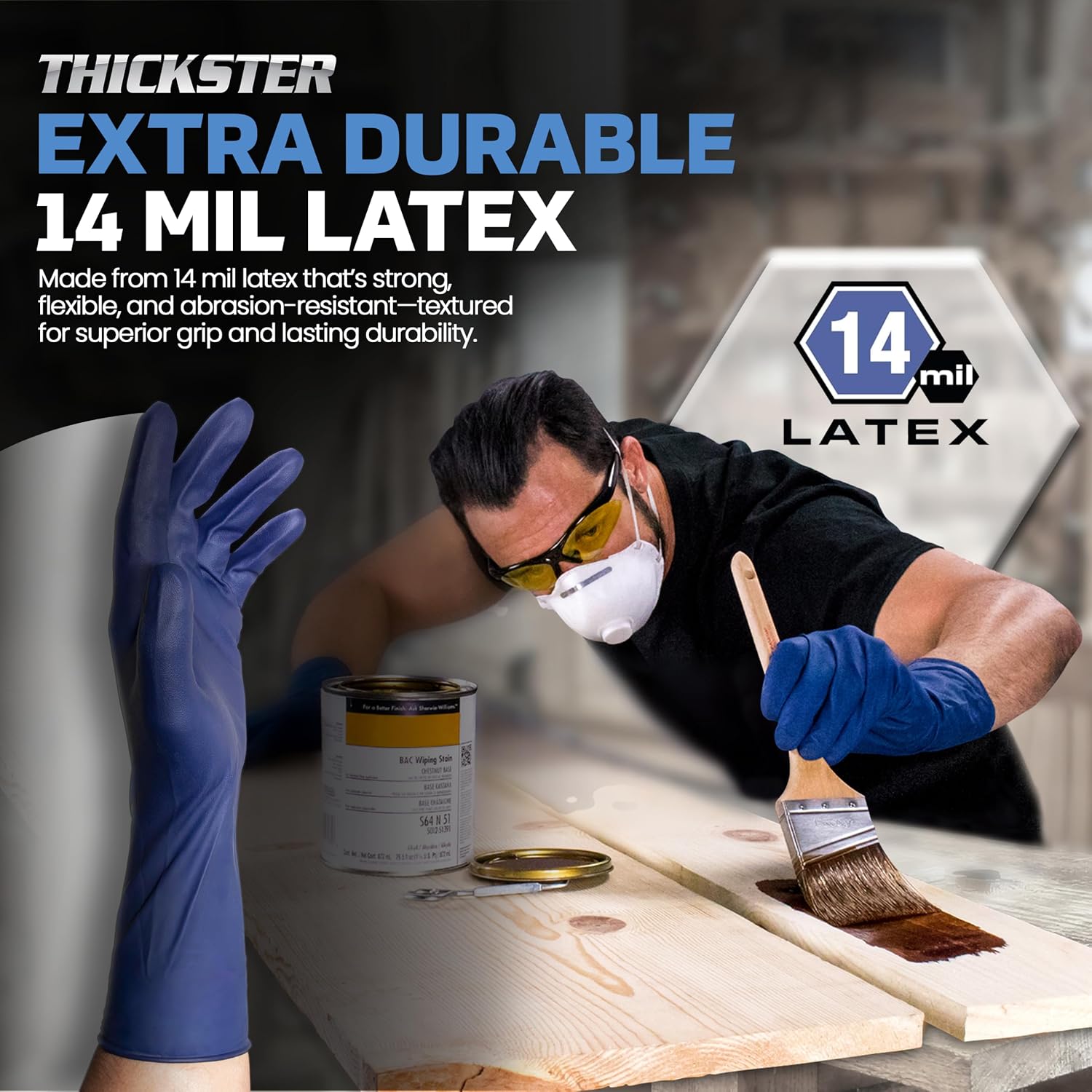 Thickster Powder-Free Exam Grade Latex Disposable Gloves. Blue, 14 mil Thickness, 12" Length. Single Use. Pack of 50.