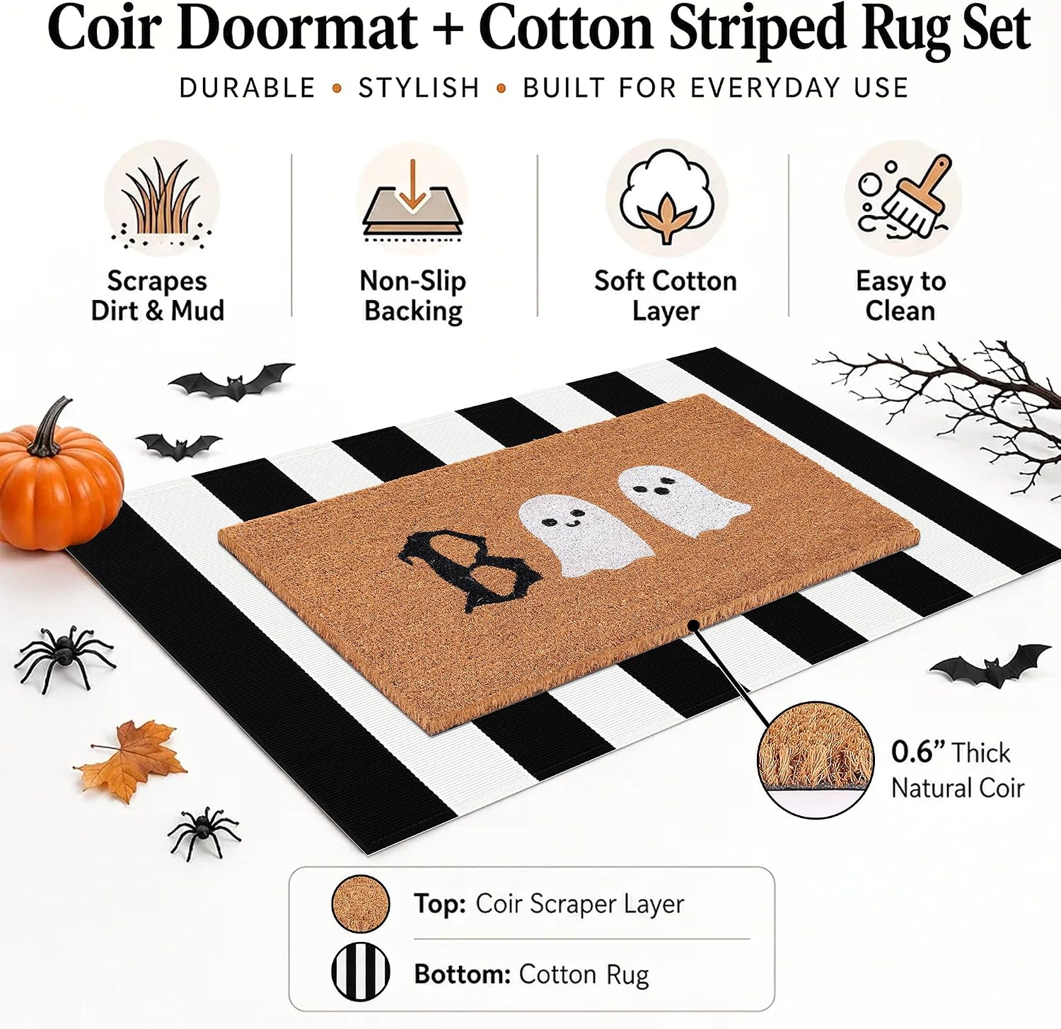 Halloween Door Mat Combo Set, Boo Ghost Coco Coir Welcome Doormat + 28" x 43" Black and White Plaid Rug, Autumn Halloween Front Porch Entryway Decor Floor Mat