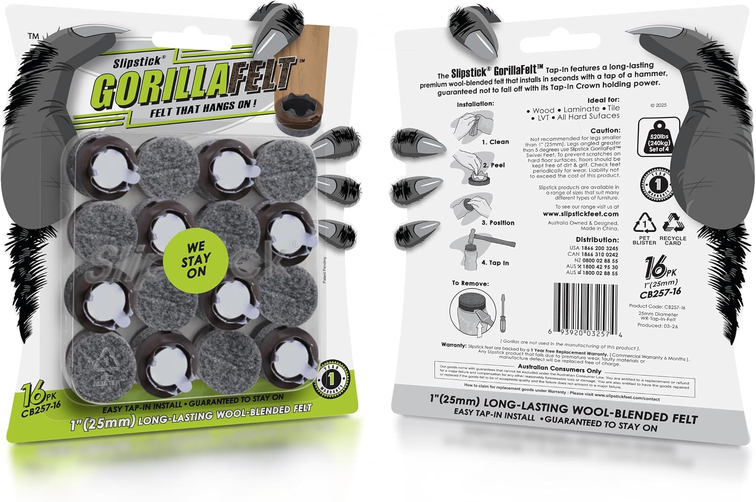 GorillaFelt Chair Leg Floor Protectors/Felt Chair Glides (Set of 16) Tap-On Felt Furniture Pads Guaranteed to Stay On, 1 Inch Round Chair Sliders