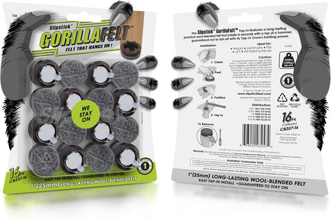 GorillaFelt Chair Leg Floor Protectors/Felt Chair Glides (Set of 16) Tap-On Felt Furniture Pads Guaranteed to Stay On, 1 Inch Round Chair Sliders