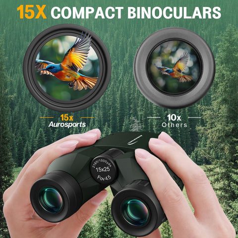 Aurosports 15x25 Compact Binoculars for Adult Kids - High Power Binoculars for Bird Watching - Easy Focus Small Binocular with Low Light Vision for Travel, Camping, Concert, Hiking -Green