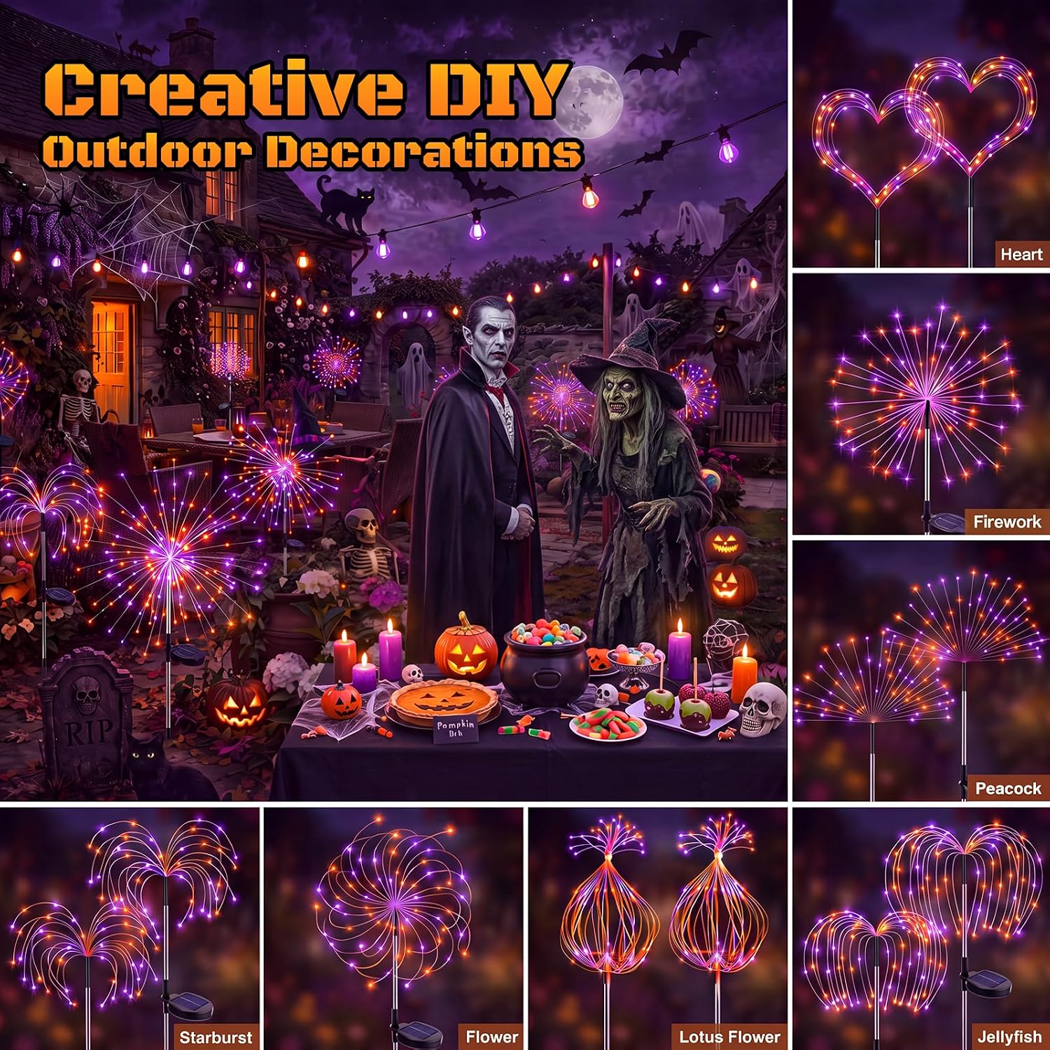 btfarm 2 Pack Solar Halloween Lights Outdoor, Orange Purple Firework Light