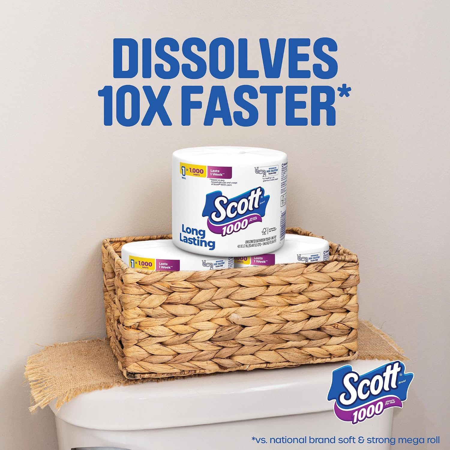 Scott 1000 Toilet Paper, 8 Rolls, Septic-Safe, 1-Ply Toilet Tissue