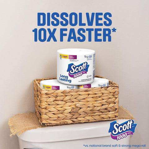 Scott 1000 Toilet Paper, 8 Rolls, Septic-Safe, 1-Ply Toilet Tissue