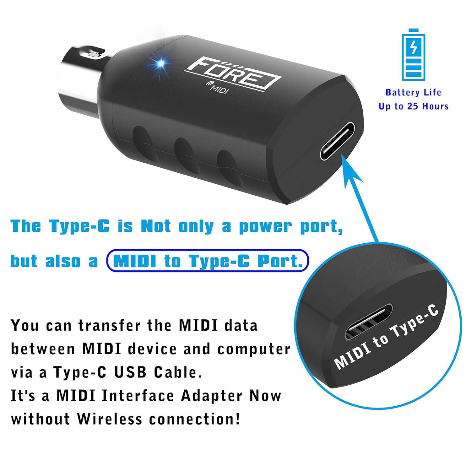 FORE S1 Wireless MIDI Interface & MIDI USB Type-C Adapter, Ultra Low Latency, Work with MIDI Keyboard & Any MIDI 5-Pin Din Device Compatible with iOS, Android, Windows/mac OS Balck 1-Pack