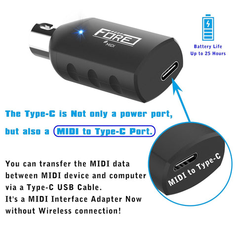 FORE S1 Wireless MIDI Interface & MIDI USB Type-C Adapter, Ultra Low Latency, Work with MIDI Keyboard & Any MIDI 5-Pin Din Device Compatible with iOS, Android, Windows/mac OS Balck 1-Pack