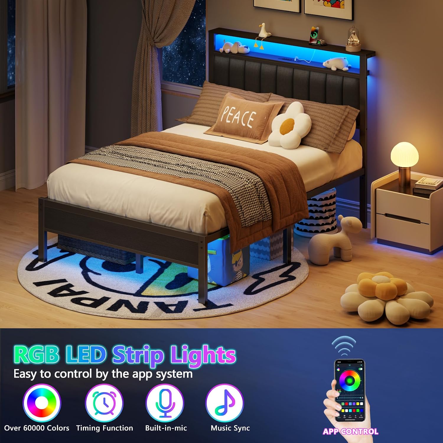 Furnulem Full Size Bed Frame with Charging Station and LED Lights