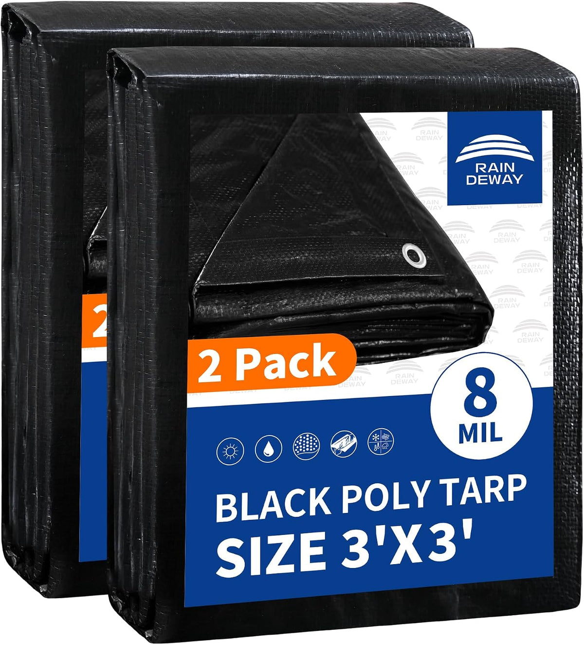 RAINDEWAY Small Black Tarp 3x3 Feet (2 Pack) Multipurpose Waterproof Tarps