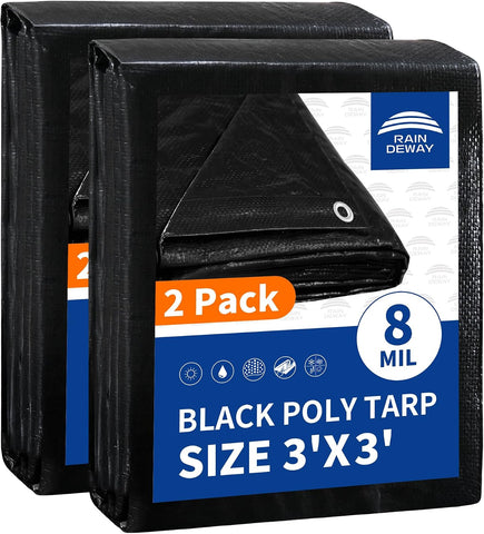 RAINDEWAY Small Black Tarp 3x3 Feet (2 Pack) Multipurpose Waterproof Tarps