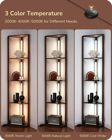 EDISHINE LED Corner Floor Lamp with Shelves, 3CCT, for Living Room, Walnut