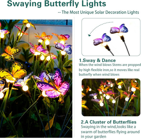 TONULAX Solar Garden Lights - 2 Pack Swaying Butterfly Light, Swaying in The Wind, Solar Outdoor Lights, Yard Patio Pathway Decoration, High Flexibility Iron Wire & Realistic Butterflies
